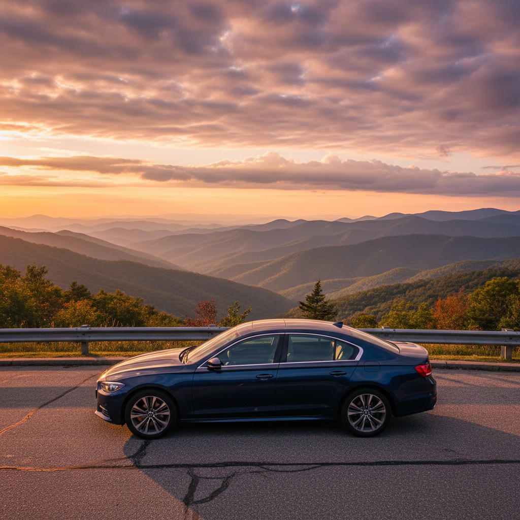 Scenic overlook near the White Mountains showing a traveler’s car paused with expansive mountain views on the drive to North Conway