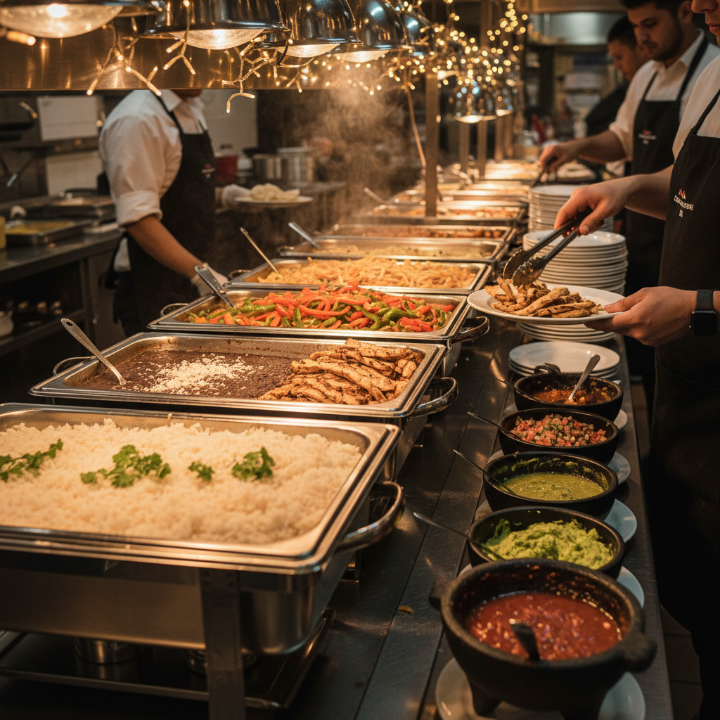 Mexican catering buffet trays with rice, beans, grilled chicken, fajita vegetables, and salsa bar for menu planning