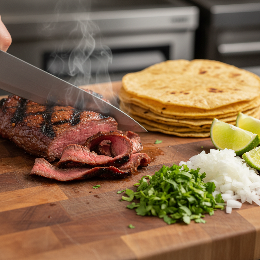 Close-up taco prep with carne asada, tortillas, cilantro, onions, and limes for Mexican cuisine menu planning tips
