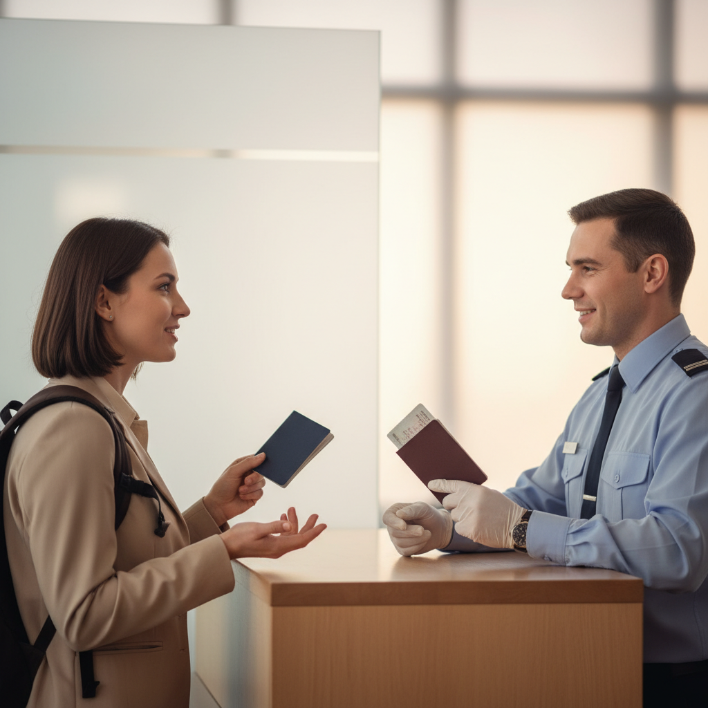 Traveler speaking with a border officer, illustrating visitor visa entry assessment, intent, and credibility review