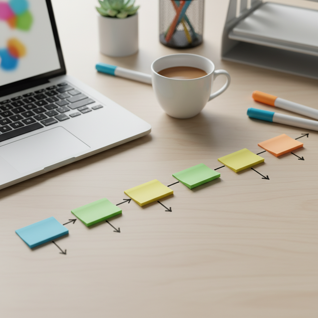 Close-up view of a color-coded certification roadmap for project management pathways with sticky-note stages and study tools