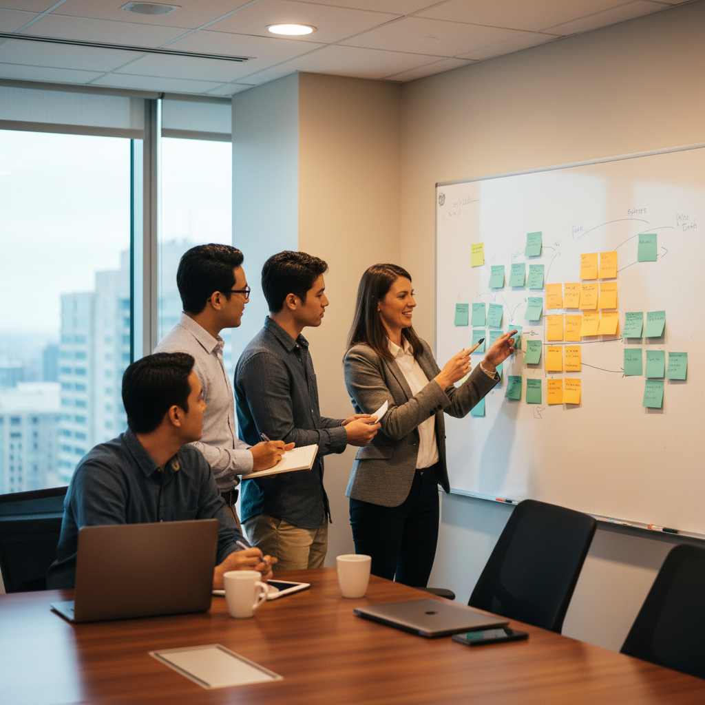 Weekend cohort workshop in Mississauga with small group discussion planning their project management certification pathway on a whiteboard