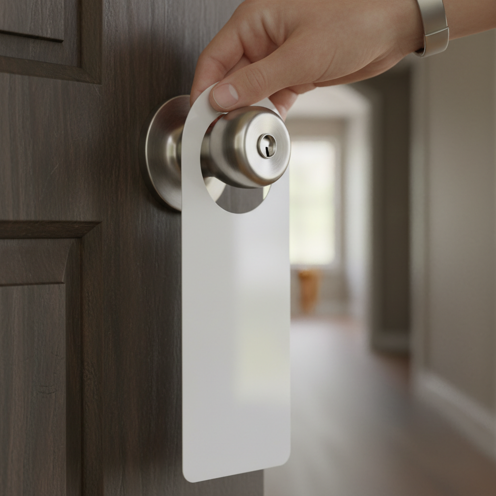 Close-up of a realtor placing a glossy, text-free real estate door hanger on a doorknob to illustrate door hanger marketing for real estate