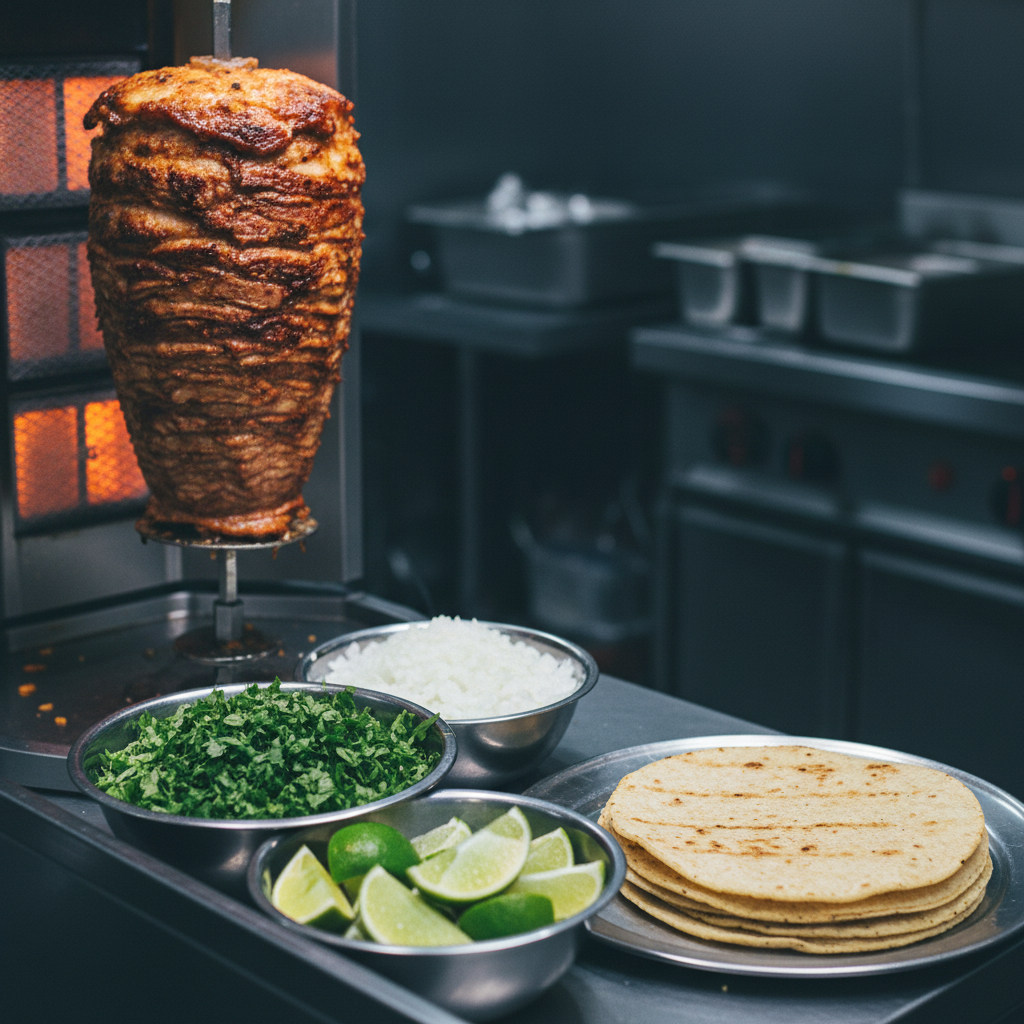 Close-up of authentic taco bar ingredients being prepped for Mexican catering with cilantro, onions, limes, tortillas
