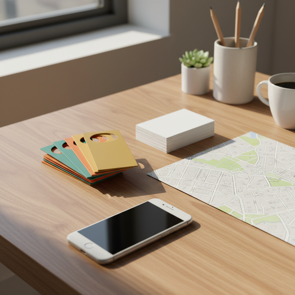 Organized real estate marketing desktop with colorful door hangers, blank business cards, a smartphone, and a neighborhood map for planning a door hanger campaign