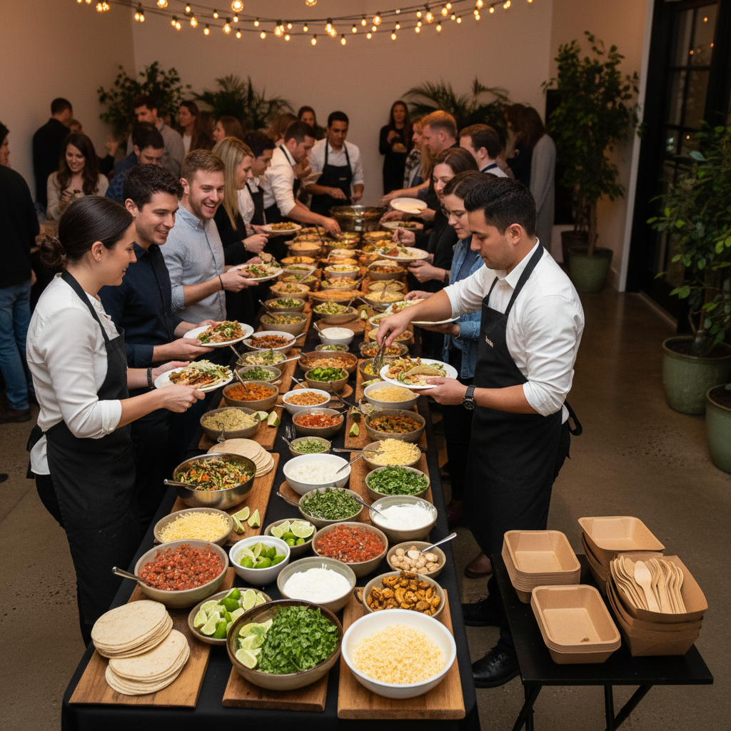 Guests building tacos at a staffed Mexican catering buffet during a Toronto party