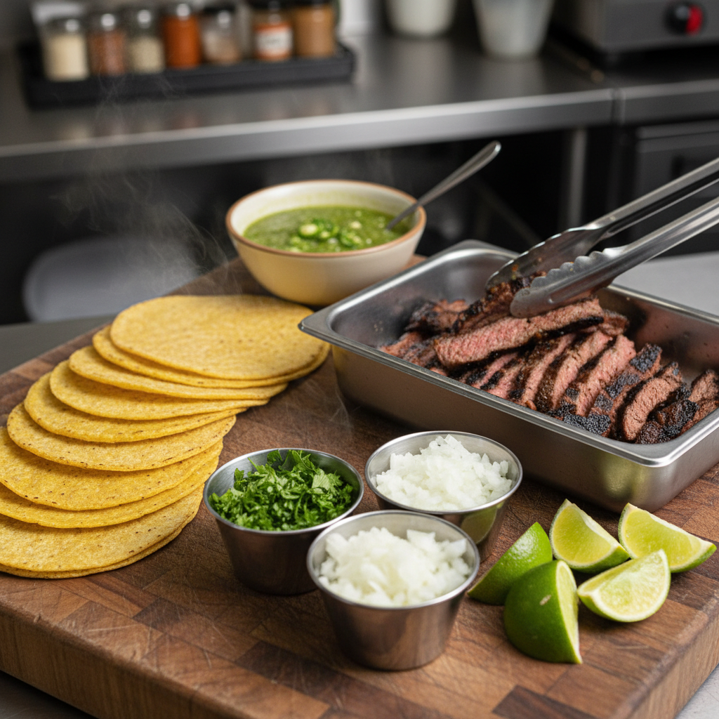 Close-up taco assembly line with warm tortillas, grilled meats, cilantro, onions, and salsa for Mexican office catering in Toronto