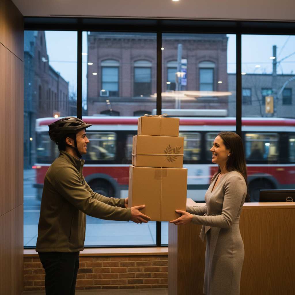 Eco-friendly Mexican catering delivery handoff at an Old Toronto office lobby with compostable boxes