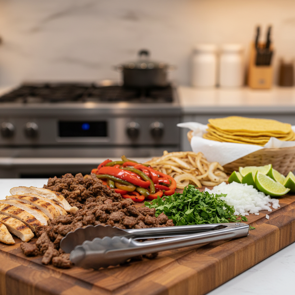 Close-up taco assembly line with grilled chicken, carne asada, fajita peppers, fresh cilantro, onions, and warm tortillas