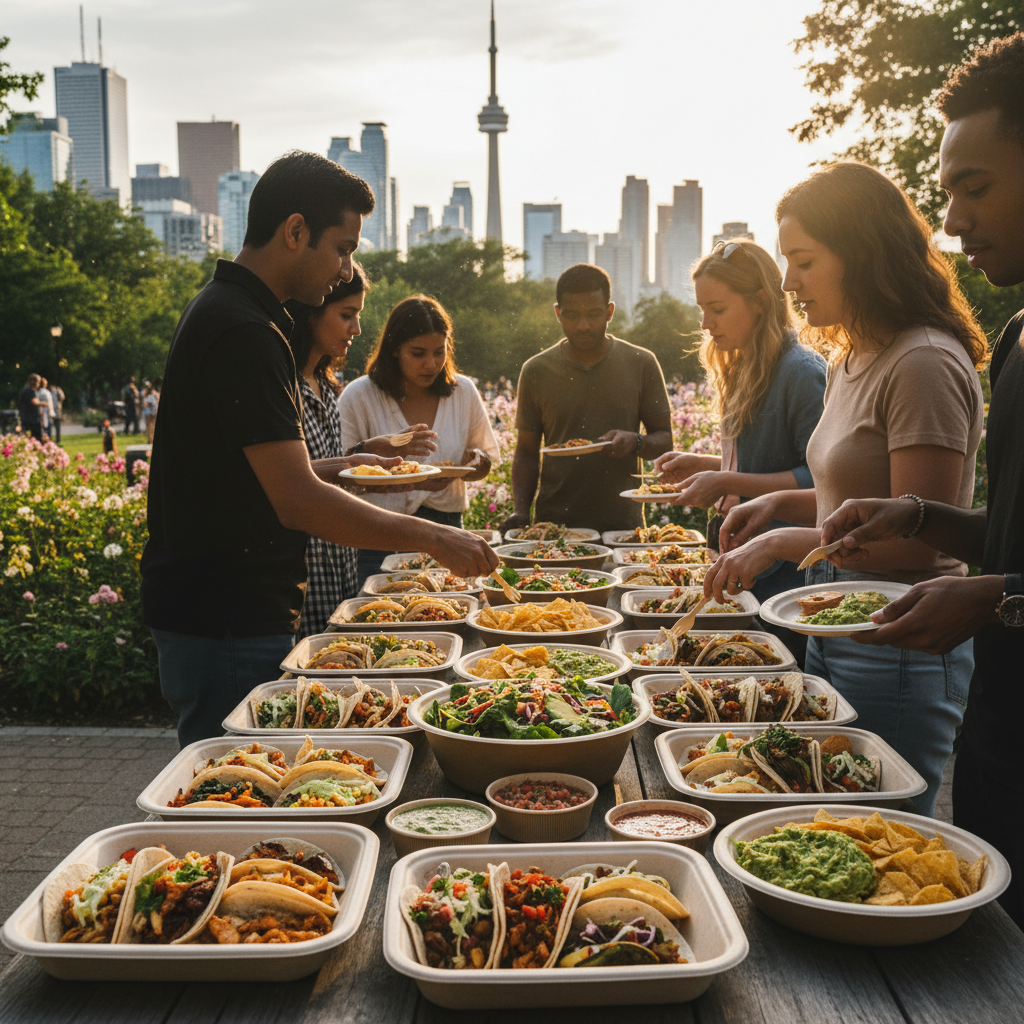 Outdoor drop-off Mexican catering setup in a Toronto park with eco-friendly trays, salsas, salads, and guests gathering