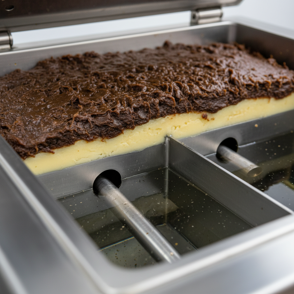 Close-up of a grease trap interior with separated grease layers and baffles, illustrating grease trap cleaning requirements