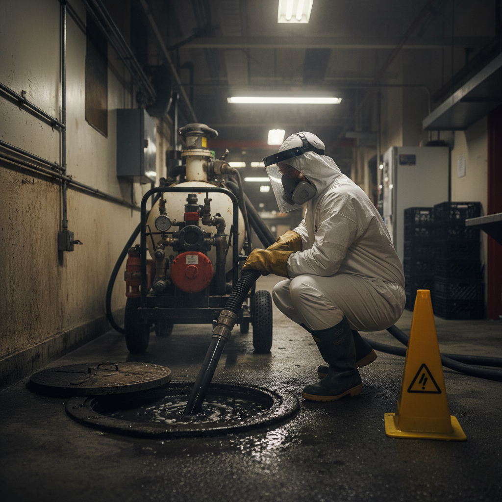 Technician pumping a floor-level grease interceptor during after-hours service, following compliant cleaning steps