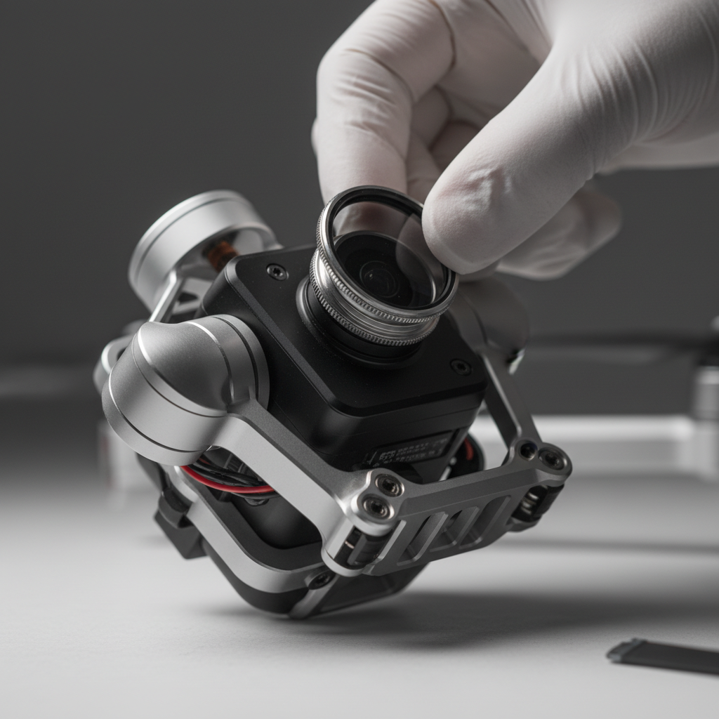 Close-up of drone camera gimbal with ND filter for aerial videography detail