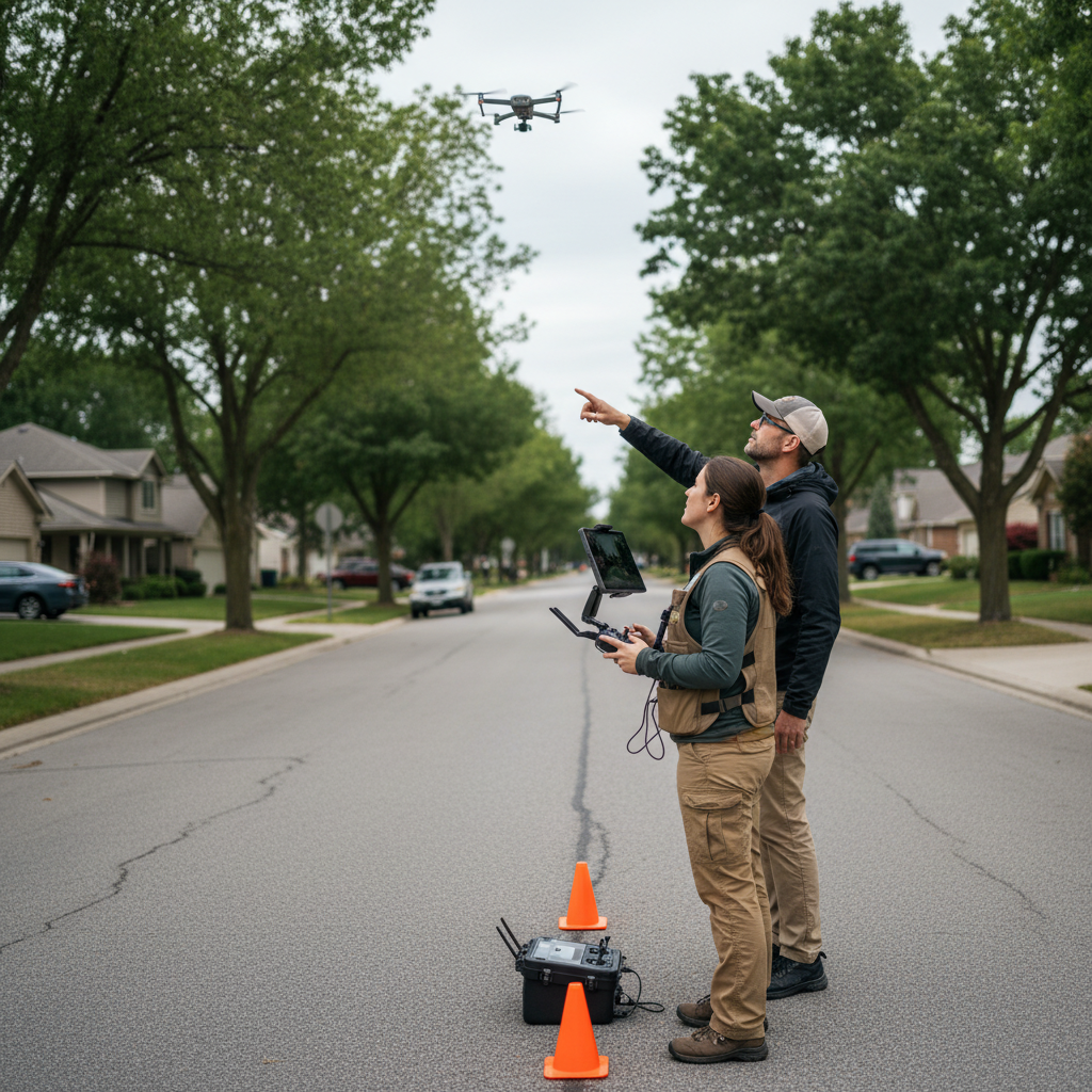 Aerial videographer operating controller with spotter and safety cones on quiet Maple Ridge street