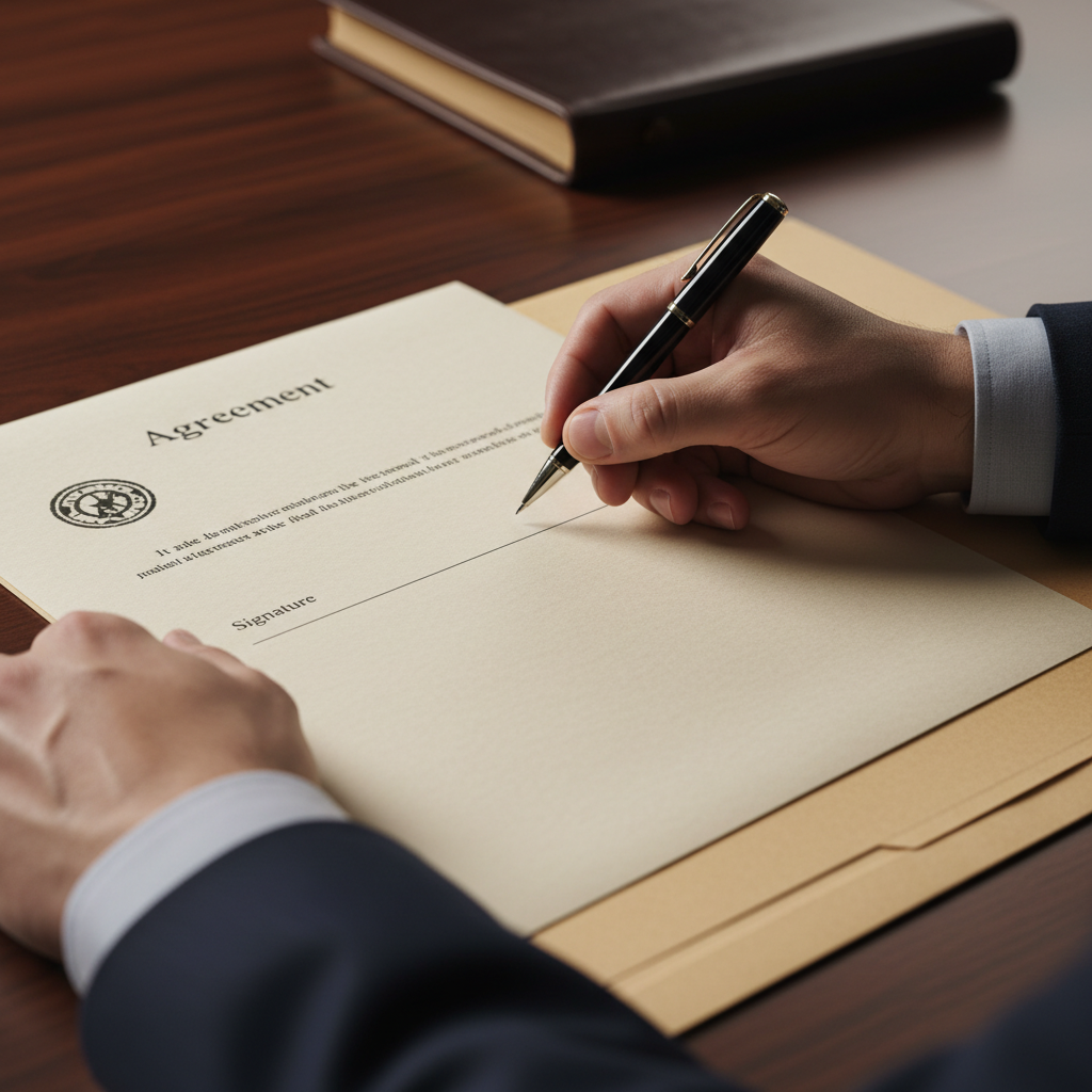 Close-up of hands signing a legal agreement during independent legal advice session in Toronto