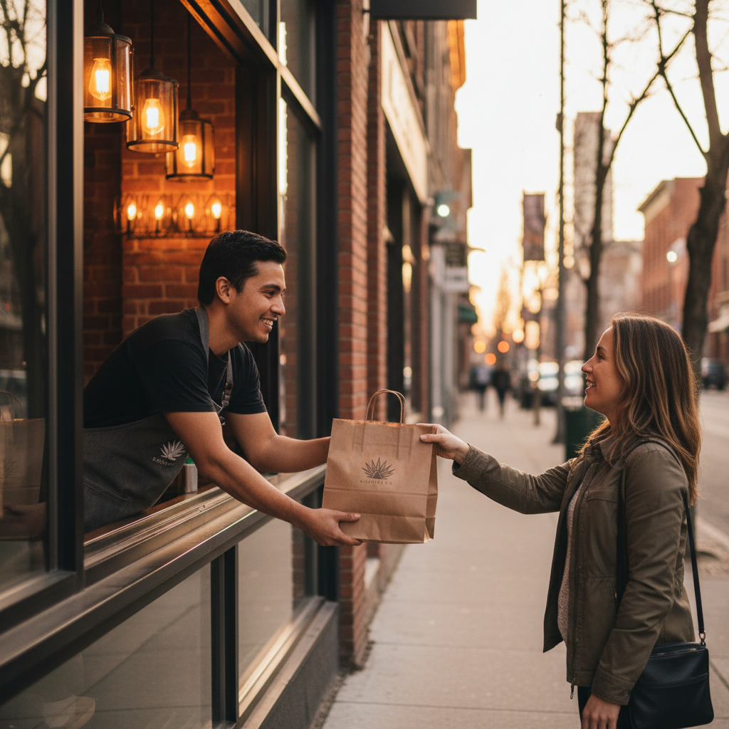 Curbside pickup at a Mexican grill with staff handing a takeout bag to a customer at a street-facing window on Queen Street West