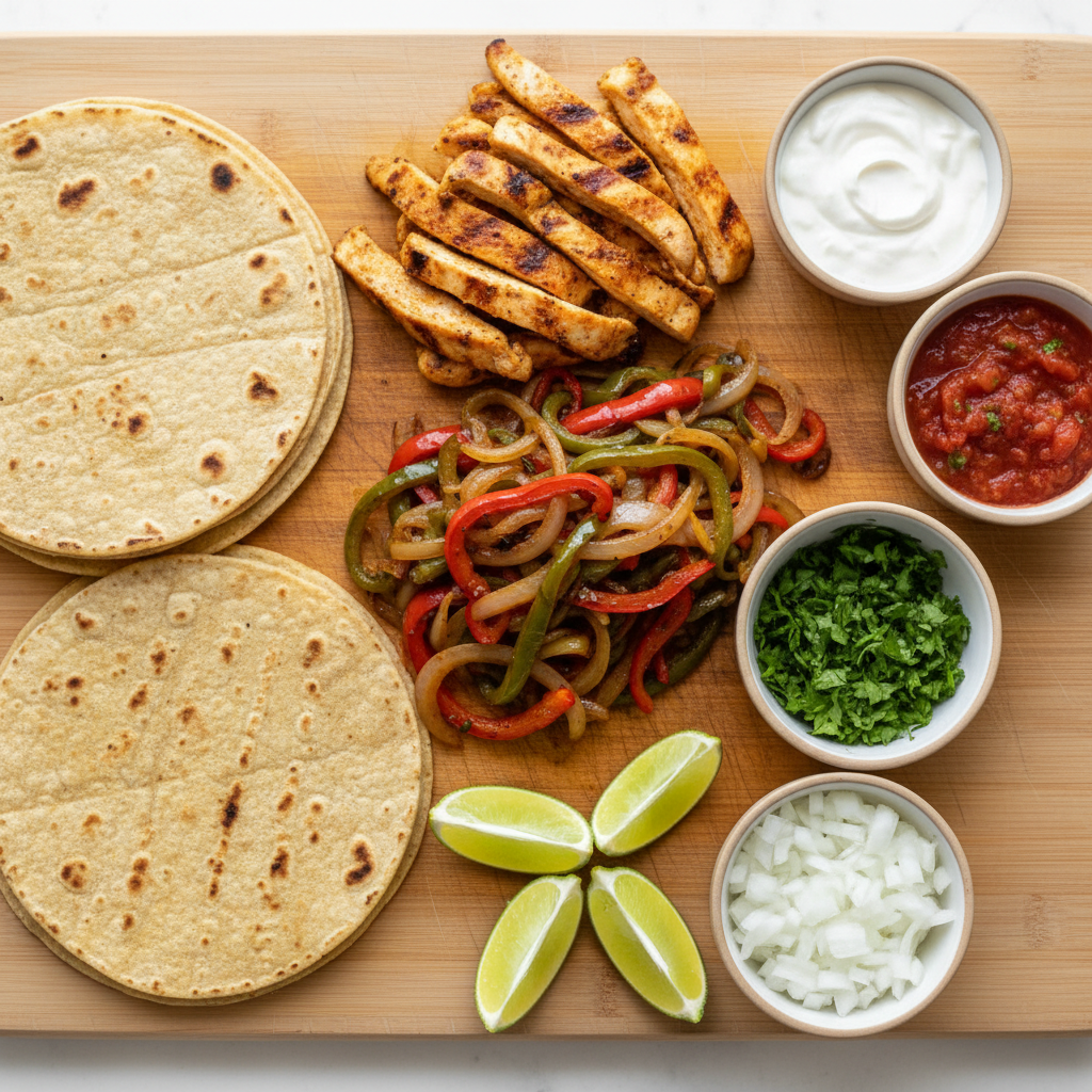 DIY taco takeout kit close-up with tortillas, grilled chicken, peppers, onions, cilantro, lime, and salsa cups for a Mexican takeout order checklist