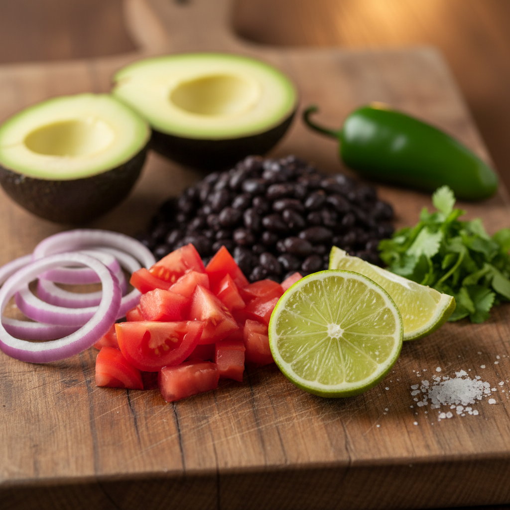 Close-up of fresh Mexican ingredients like avocado, beans, tomatoes, onion, jalapeño, cilantro, and lime for healthy Mexican cuisine