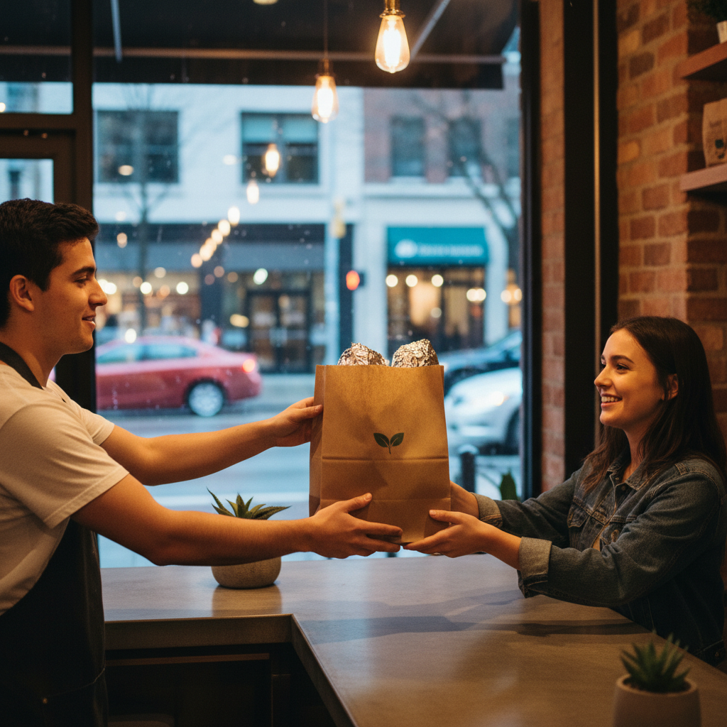 Casual dining takeout handoff at a Mexican restaurant counter in Old Toronto, showing convenience on busy nights with efficient to-go service