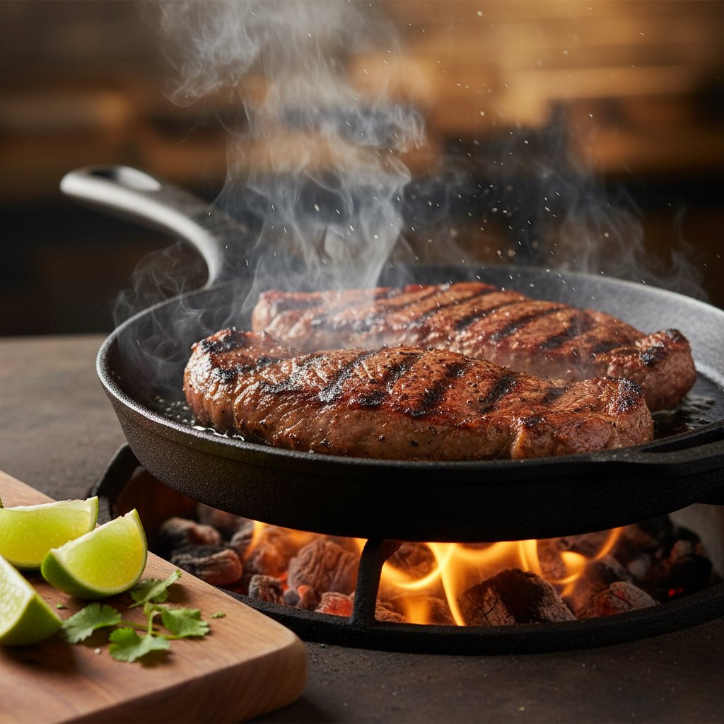 Close-up of sizzling carne asada on cast iron over open flame at a Mexican grill restaurant in Toronto, illustrating grill restaurant vs casual dining flavor differences