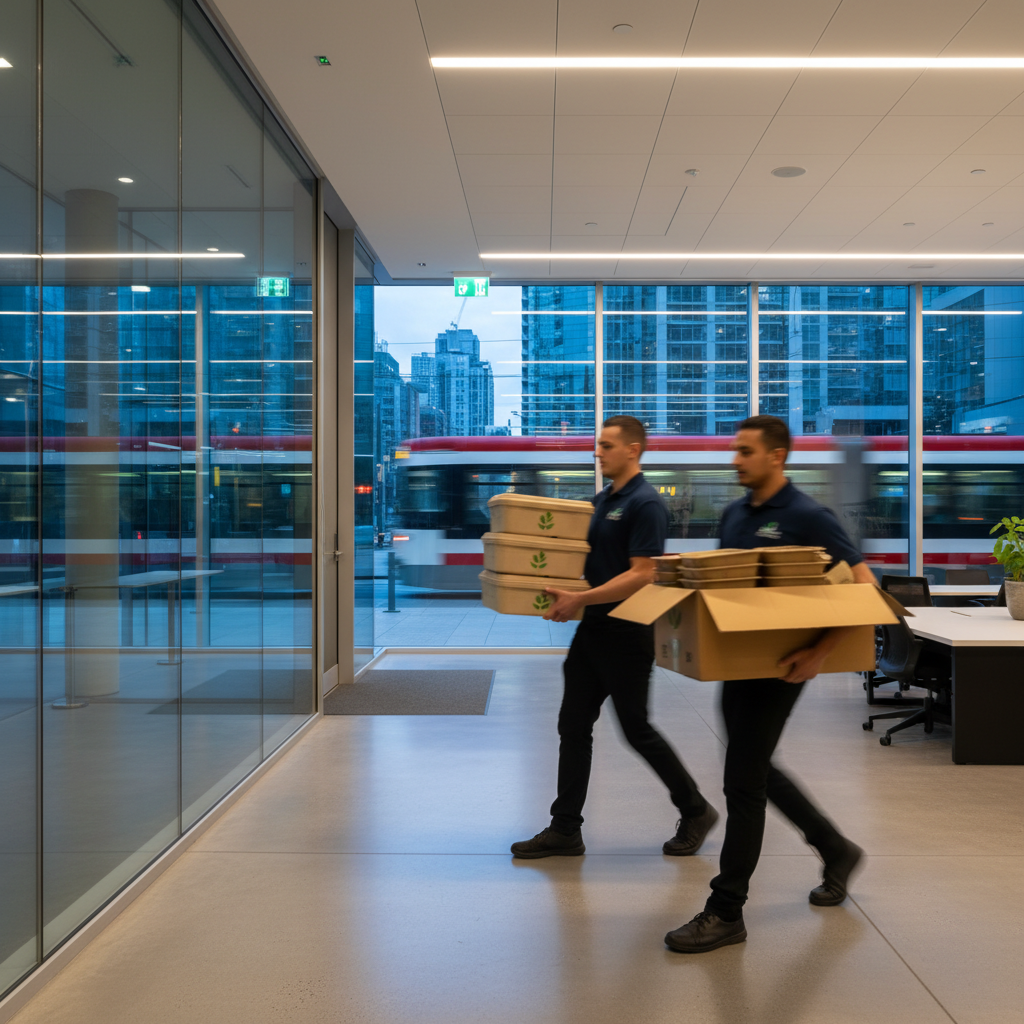 Catering delivery crew carrying hot boxes and trays into a modern office lobby in Toronto