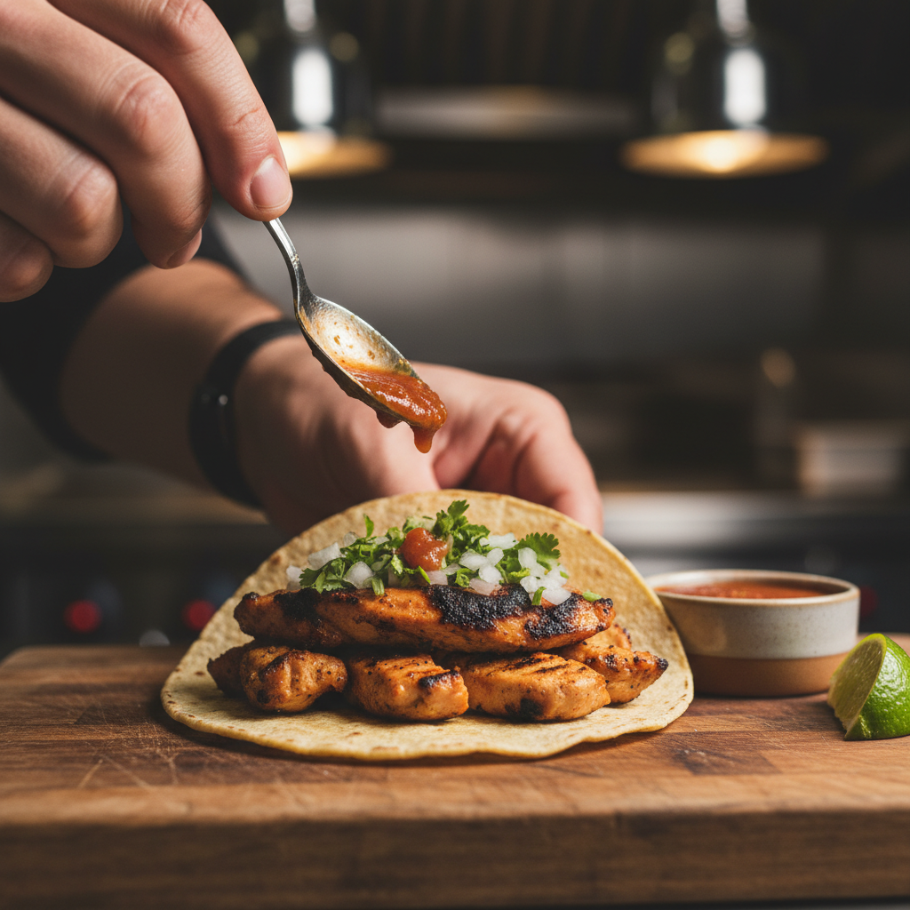 Close-up of a taco being assembled for Mexican catering with fresh cilantro, onions, lime, and grilled chicken