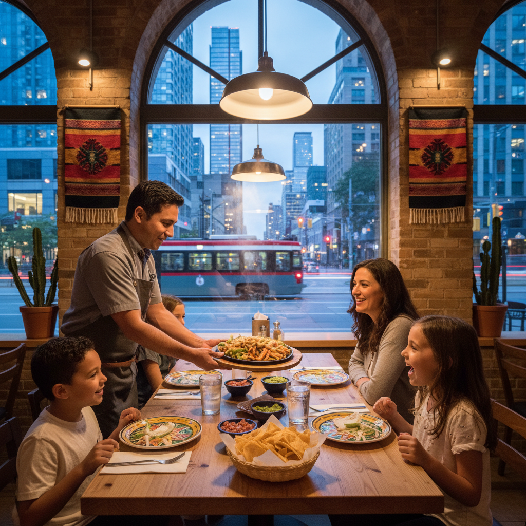 Family dining at a Mexican grill in Toronto with a server placing steaming fajitas, illustrating dine-in benefits and service pacing