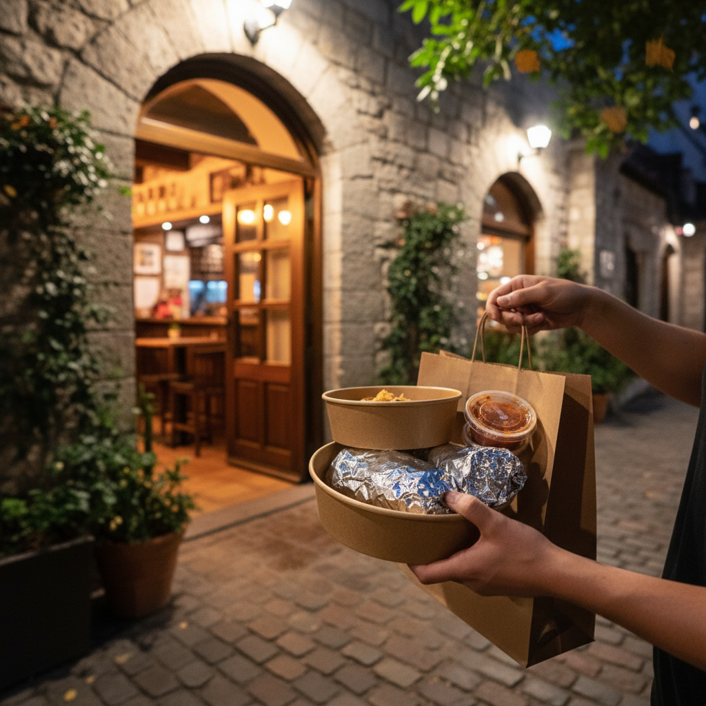 Takeout handoff at a Mexican grill restaurant near me in Old Toronto, eco-friendly packaging ready for a short commute