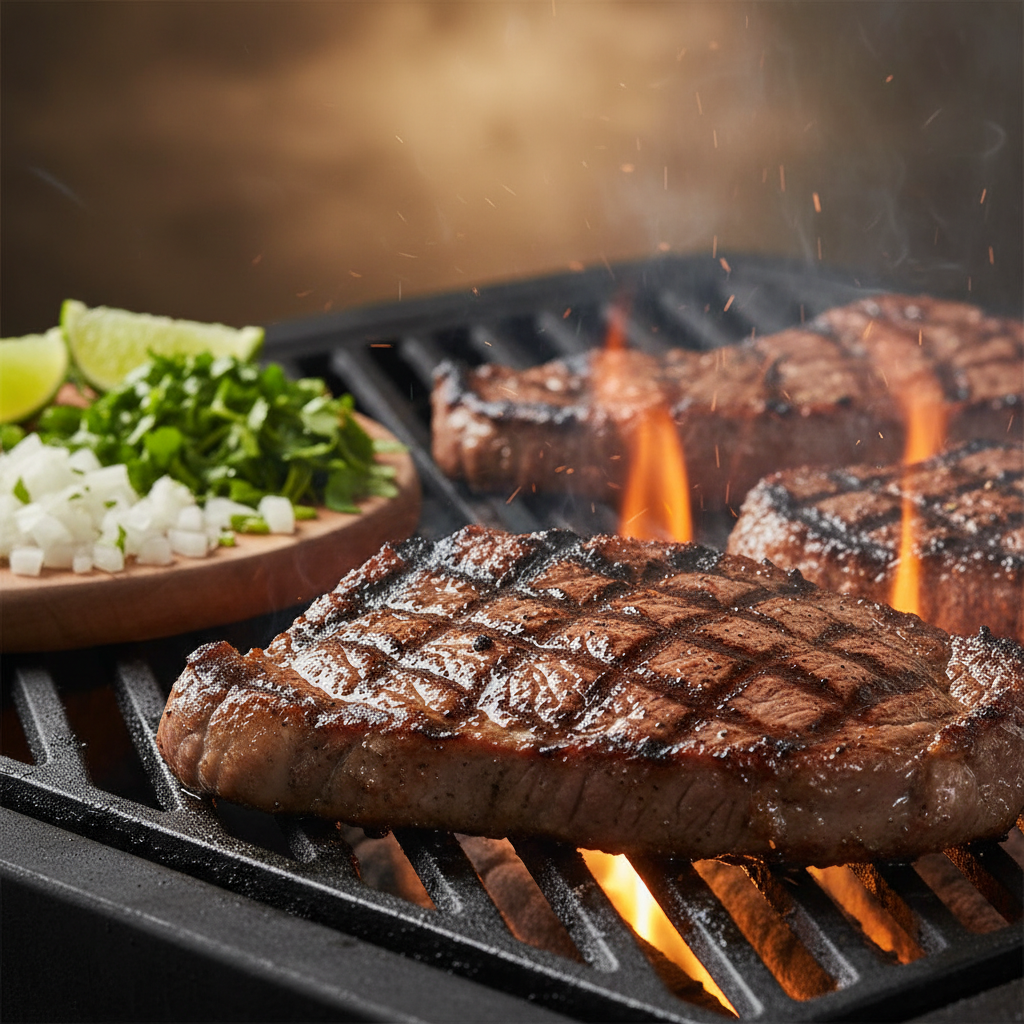 Close-up of sizzling carne asada on the grill showcasing fresh, hot dine-in Mexican flavors and seared texture