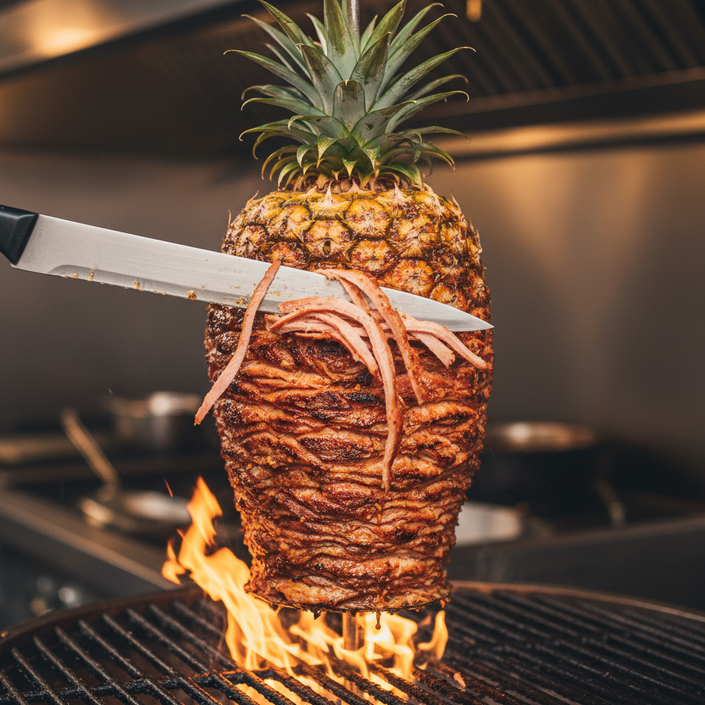 Close-up of al pastor on the grill at a Mexican grill restaurant near me in Toronto, showing caramelized edges and pineapple