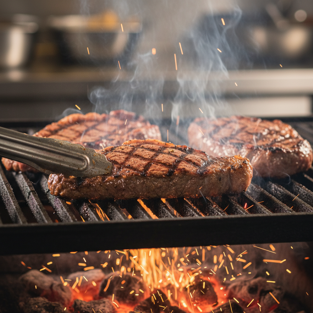 Close-up of carne asada on hot grill grates using Mexican grilled meat techniques with juicy sear and grill marks