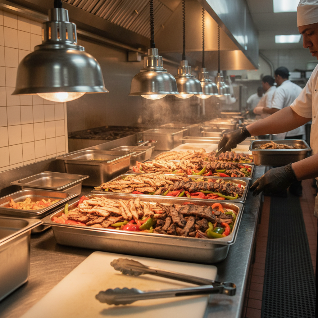 Restaurant kitchen plating Mexican grilled meats for catering trays in Toronto using carne asada and pollo asado techniques