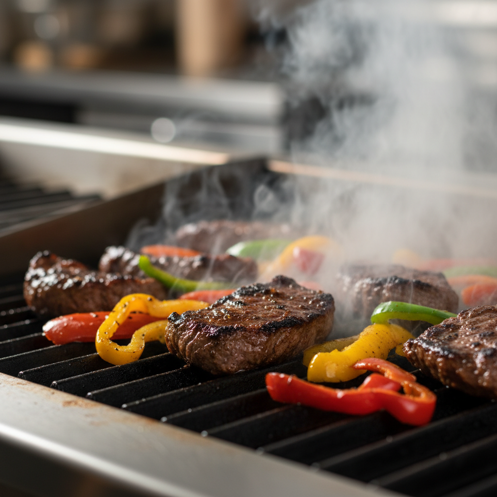 Close-up of carne asada sizzling on the grill at a casual dining Mexican restaurant, highlighting La Rio’s Mexican Grill grilled specialties