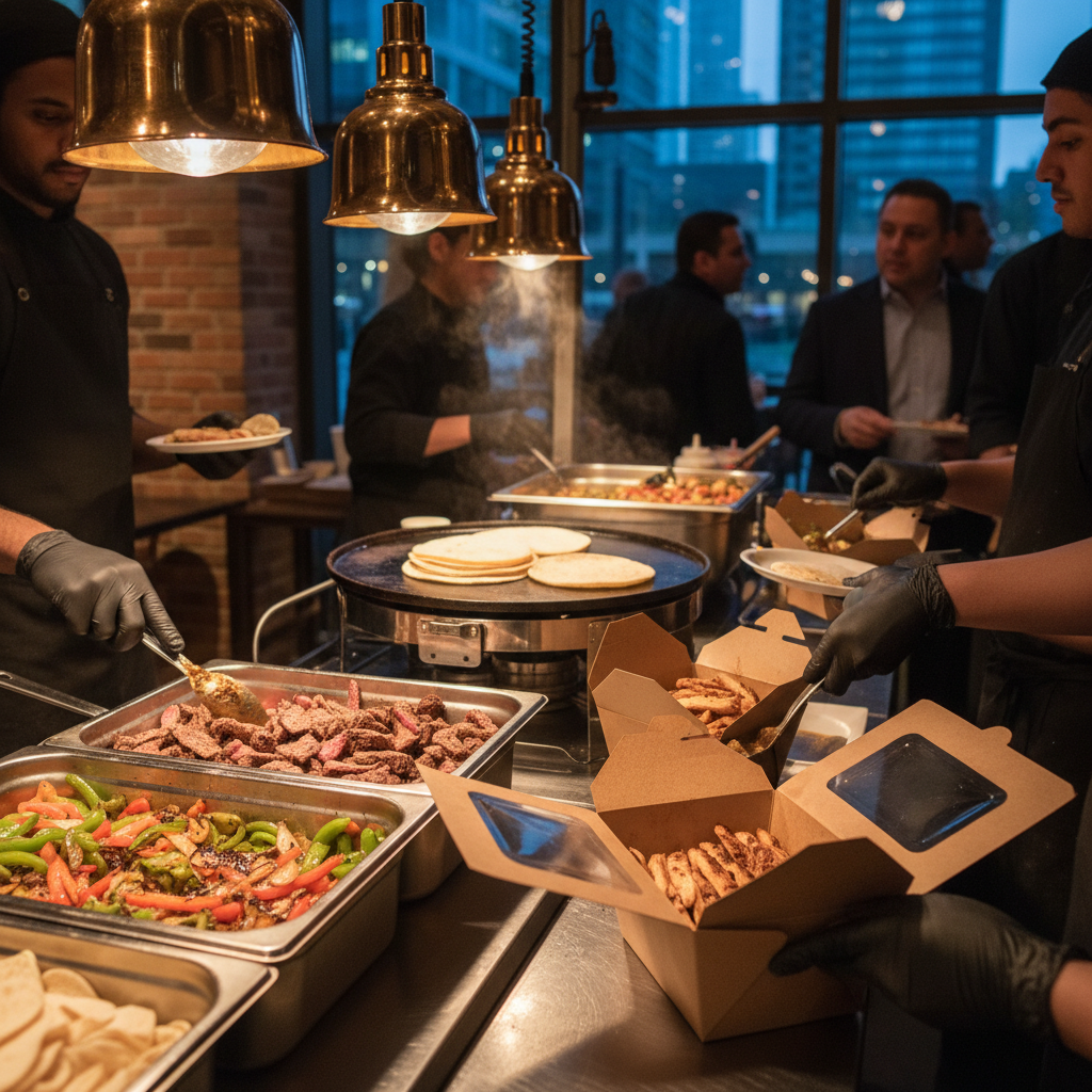 Catering scene with marinated grilled meats and fajita vegetables being packed for takeout in Toronto