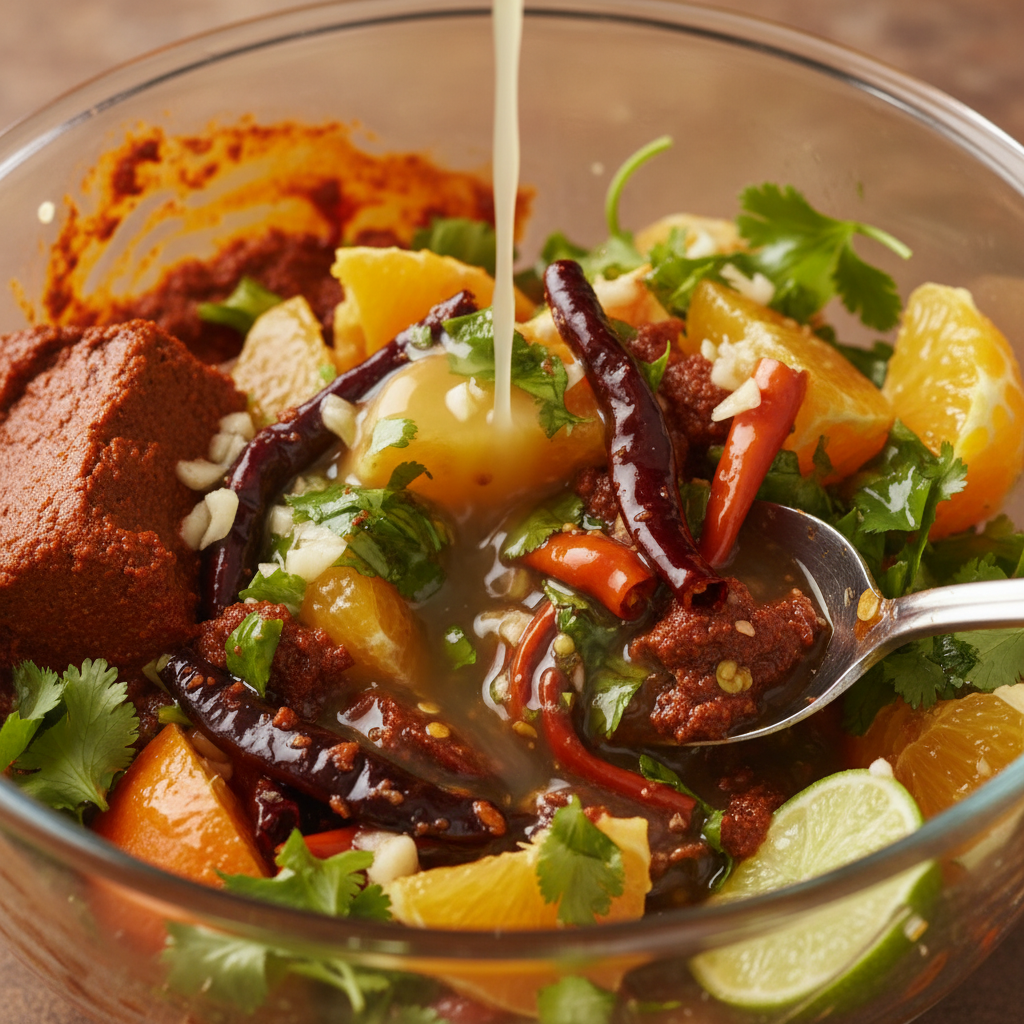 Close-up of Mexican marinade ingredients—citrus, chiles, garlic, cilantro—mixed for grilled Mexican protein marinades