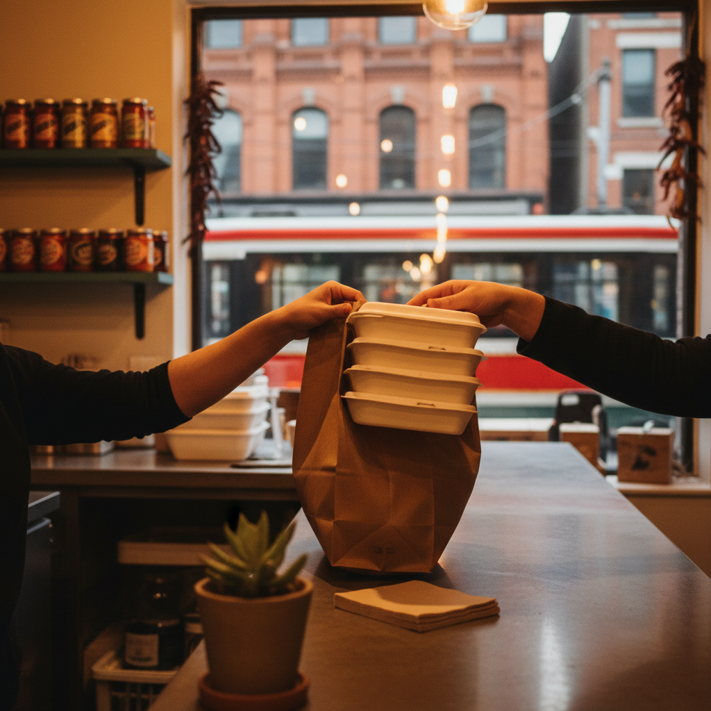 Takeout handoff scene at a Mexican grill counter with neatly packed kraft bags ready for pickup in Old Toronto