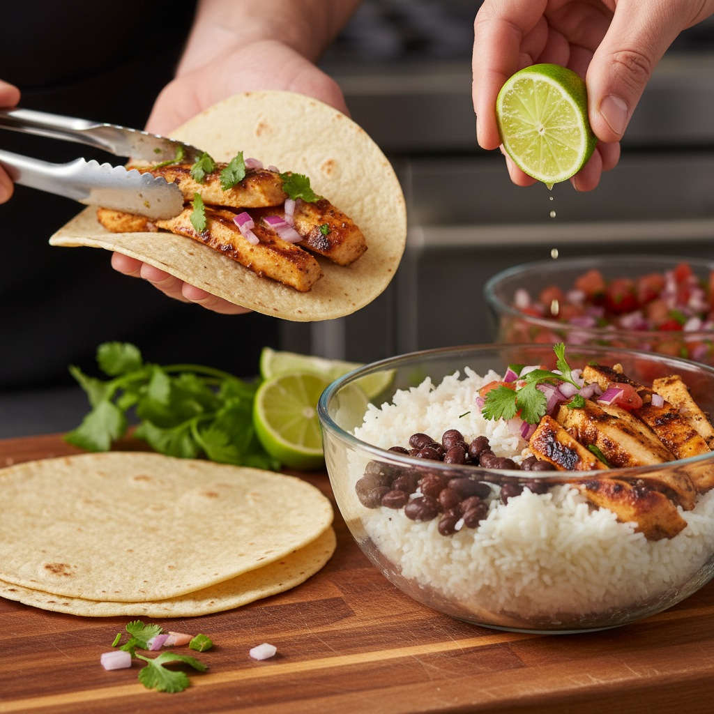 Close-up of assembling Mexican tacos and burrito bowls with fresh cilantro, pico de gallo, and grilled chicken for takeout planning