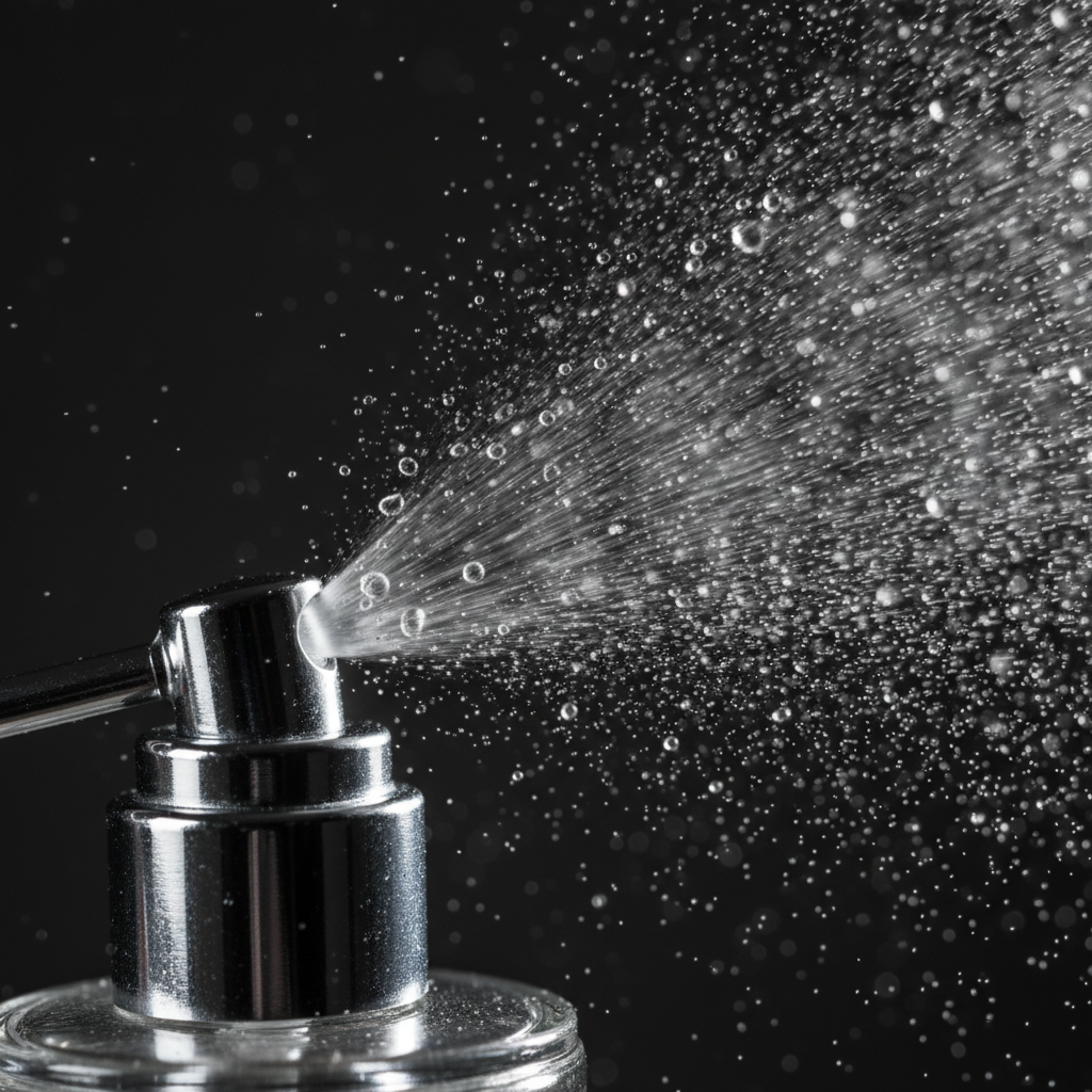 Close-up perfume atomizer misting fine spray—illustrating long-lasting perfumes ideal as the best perfume for gifting