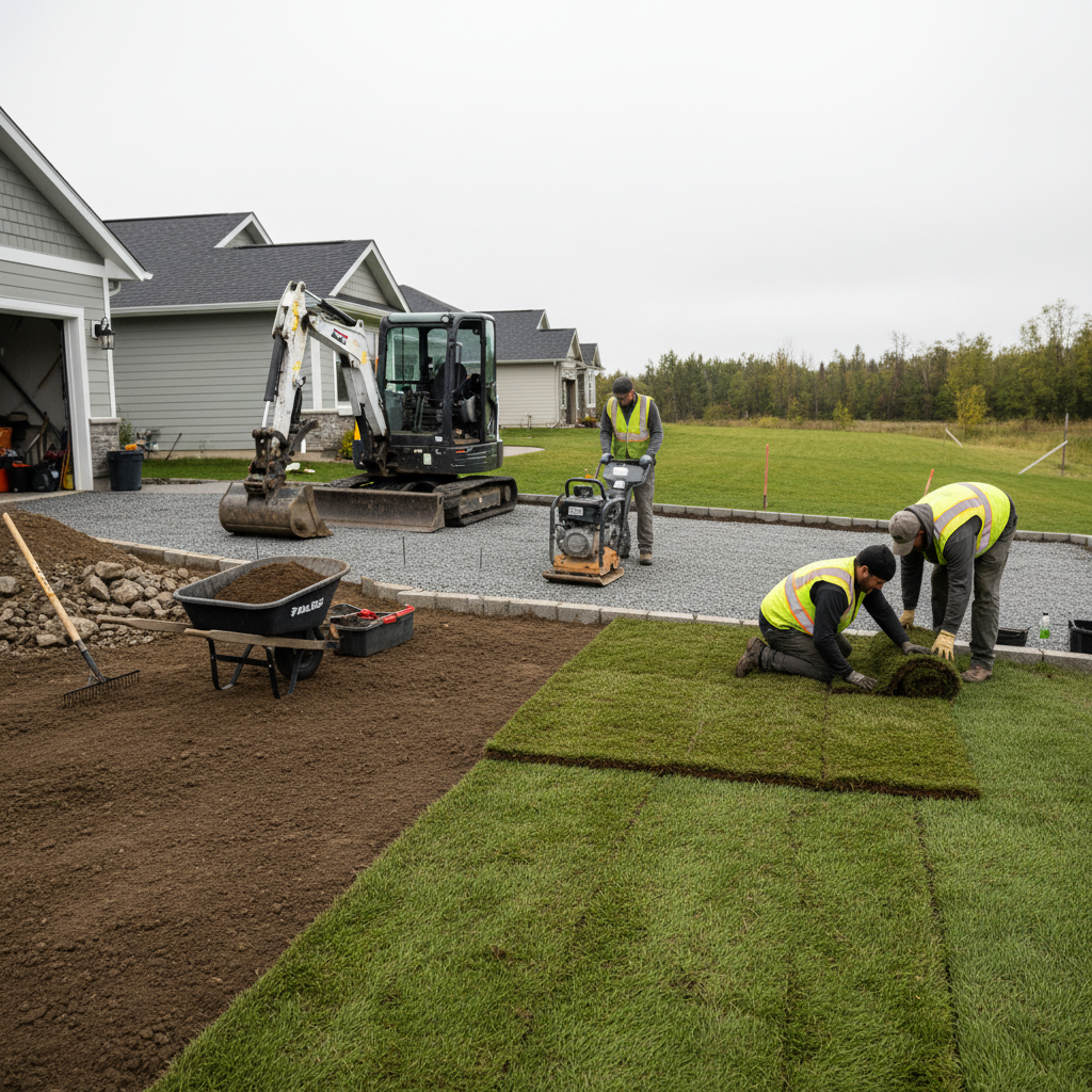 Landscaping crew installing premium sod and compacting a driveway edge base to strengthen front yard curb appeal in Mississauga