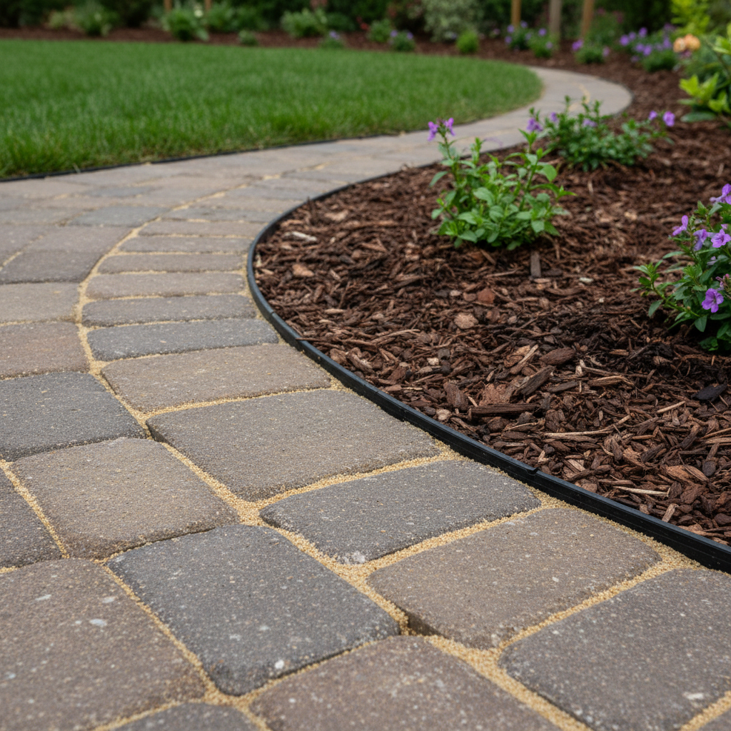 Close-up of interlocking paver edge and mulch bed showing crisp restraint and polymeric joints for front yard curb appeal in Mississauga