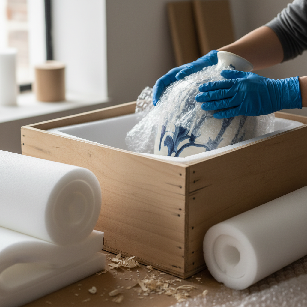 Close-up of export packing and crating for cargo shipping Dubai: gloved hands protecting a delicate item with bubble wrap inside a wooden crate