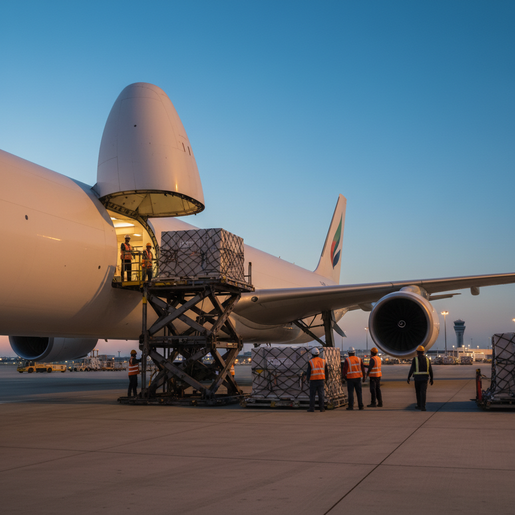 Airport cargo loading scene in Dubai showing pallets entering a widebody freighter for time-sensitive shipments