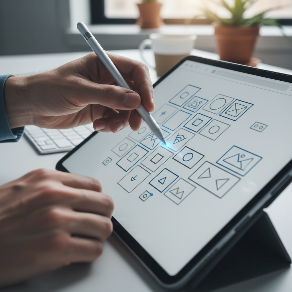Close-up of Webflow SEO workflow planning on a tablet with wireframe components and stylus, illustrating content optimization steps