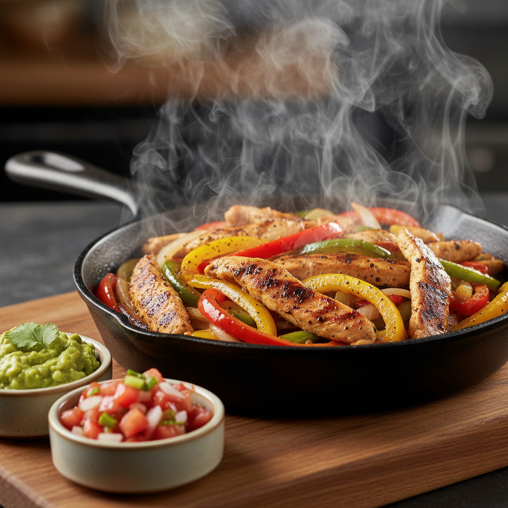 Close-up of sizzling chicken fajitas with peppers for a family-friendly Mexican grill lunch