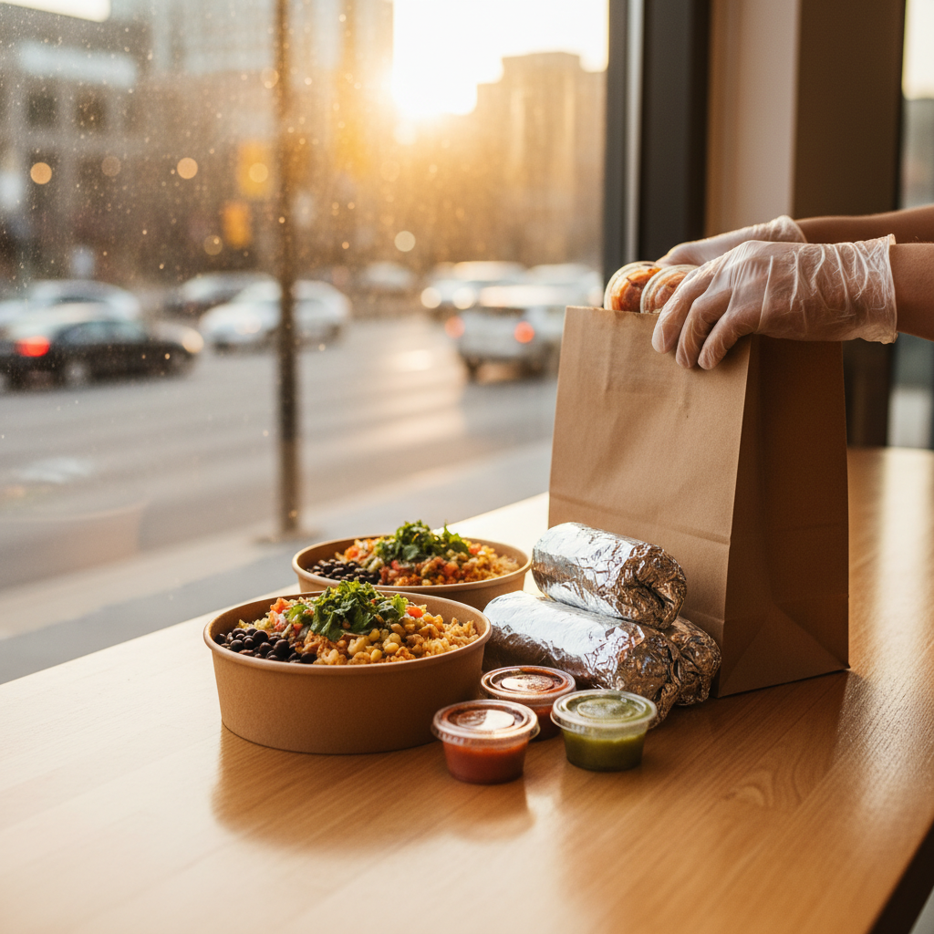 Mexican takeout bowls and burritos being packed for a family lunch in Toronto