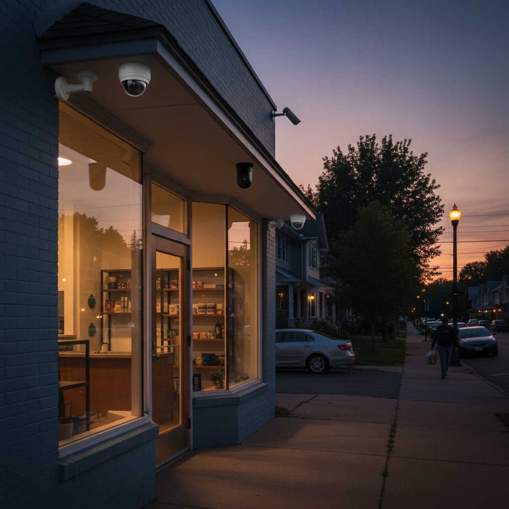 Small American storefront with discreet dome and bullet IP cameras installed under eaves, showing real-world NVR deployment context