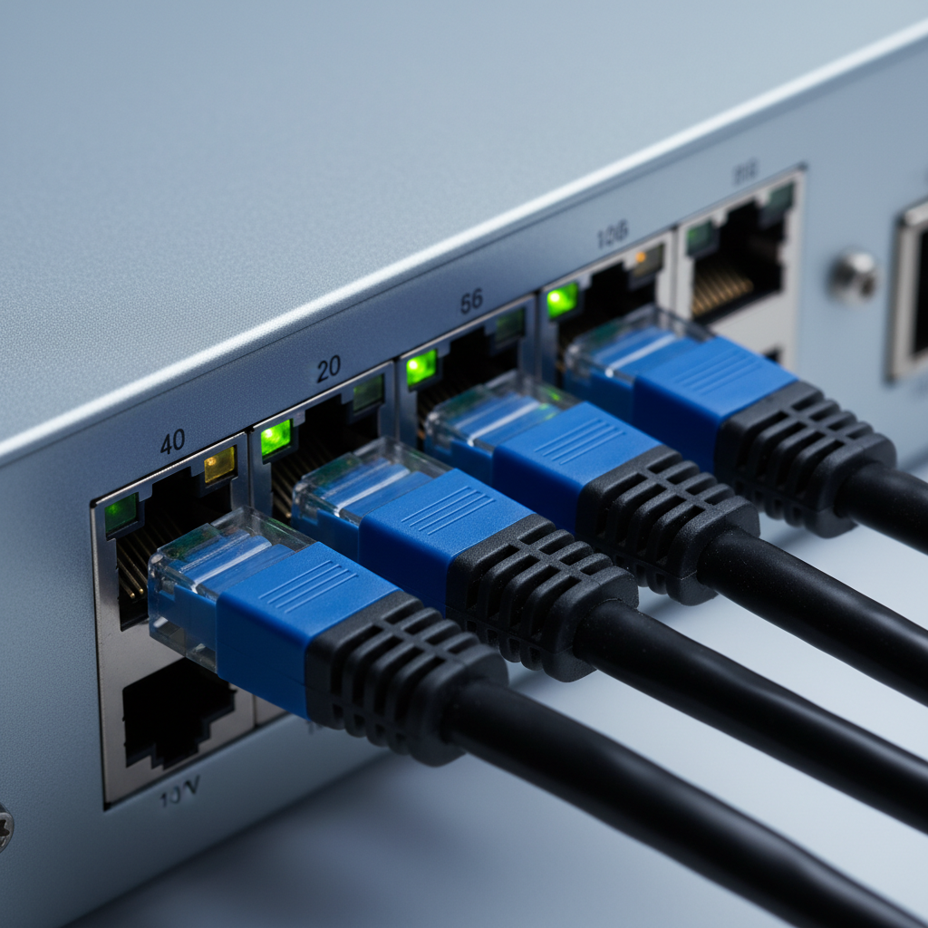 Close-up of an NVR network video recorder PoE rear panel with CAT6 cables and link lights, illustrating IP camera connectivity