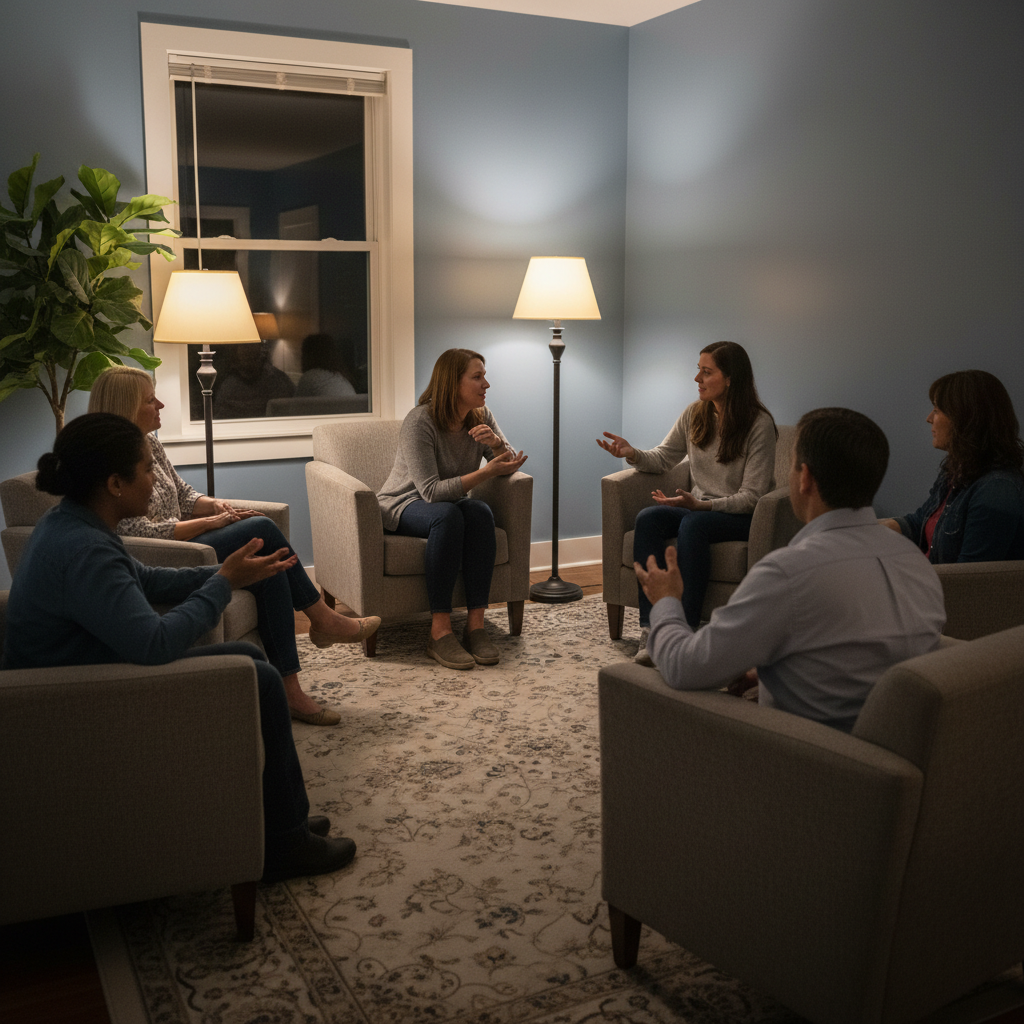 Group therapy circle supporting drinking treatment with peers and counselor in Ontario