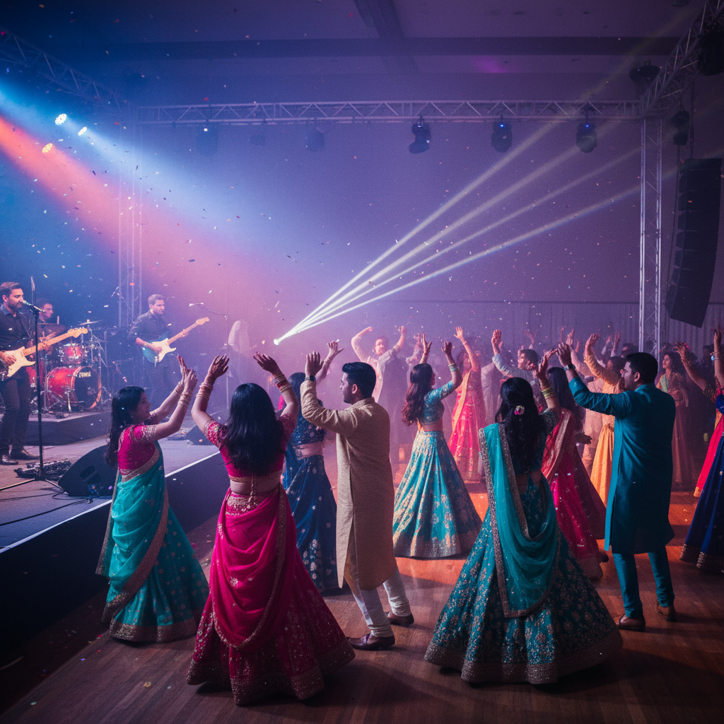 Vibrant sangeet dance floor scene with live band, colorful lighting, and guests dancing at a grand reception