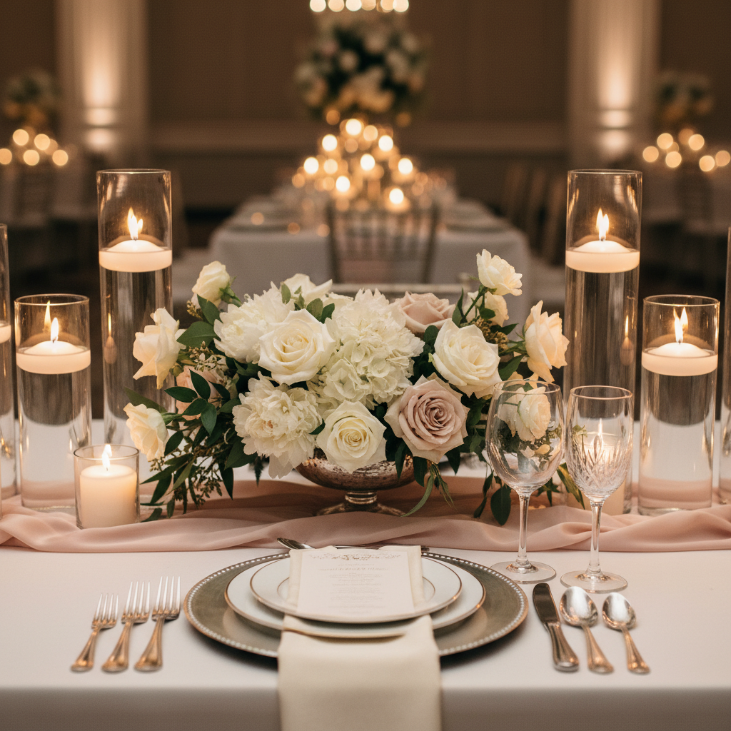 Opulent reception tablescape close-up with layered chargers, florals, and candles for a grand reception